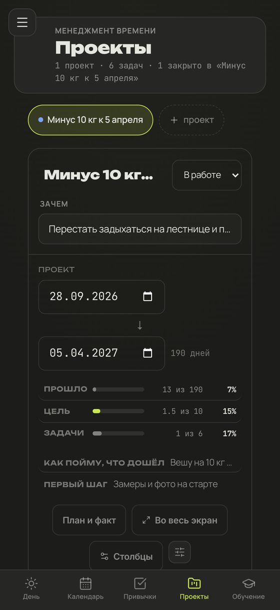 Карточка цели: срок, прогресс, первый шаг