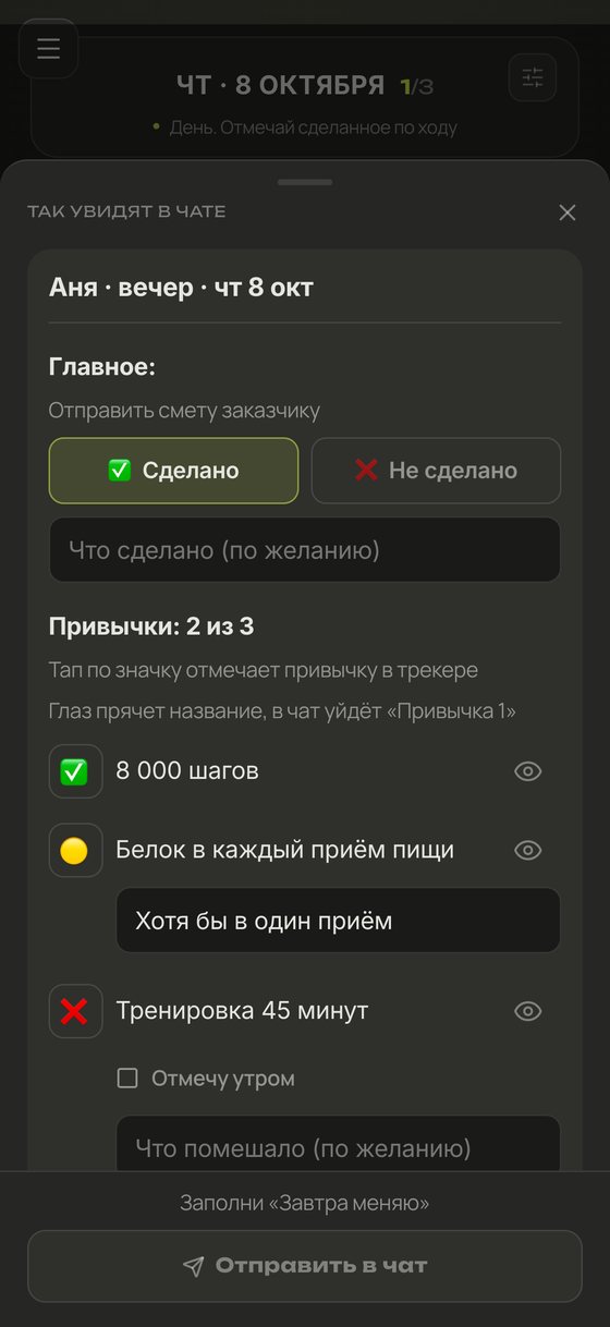 Вечерний отчёт: что сделано, что нет и что помешало